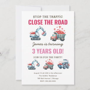 Construction Dump Truck Heart Birthday Invitation