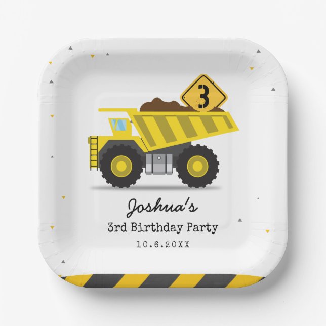 Construction Dump Truck Kids Any Age Birthday Paper Plate (Front)