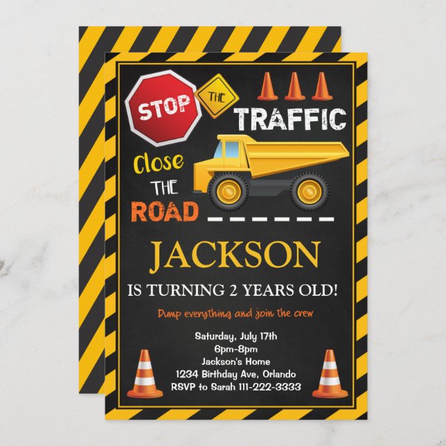 Construction Dump Truck Kids Birthday Invitation (Front/Back)