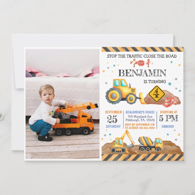 Construction Dump Truck Kids Birthday Party Invitation (Front)