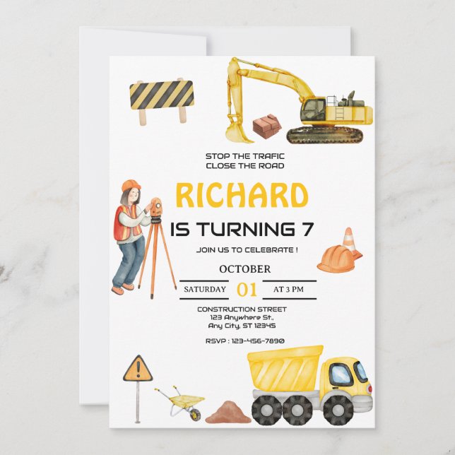 Construction Dump Truck Kids Birthday Party  Invitation (Front)