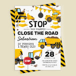 Construction Dump Truck Kids Birthday Party Invitation<br><div class="desc">Construction themed birthday party invitations featuring a simple white background,  with cute cartoon illustrations of bunting,  stop signs,  a dump truck,  a digger,  a cement truck,  a wrecking ball crane,  splatters of dirt,  and a modern kids birthday celebration template that is easy to personalise.</div>
