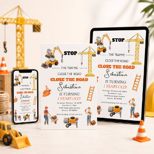 Construction Dump Truck Kids First Birthday Party Invitation