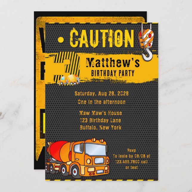 Construction Dump Truck Orange-Yellow 3rd Birthday Invitation (Front/Back)