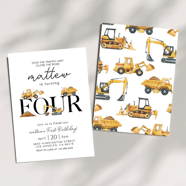 Construction Dump Truck Party Boy 4th Birthday  Invitation (Creator Uploaded)