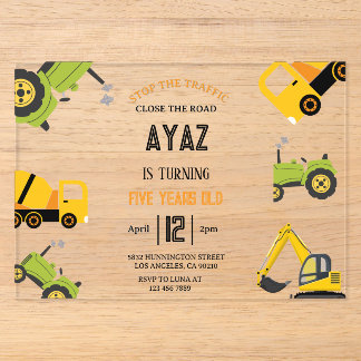 Construction Dump Truck Party Boy Birthday Acrylic Invitations