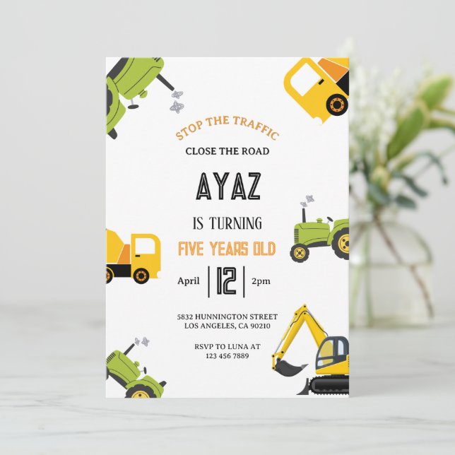 Construction Dump Truck Party Boy Birthday  Invitation (Standing Front)