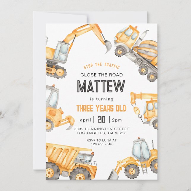 Construction Dump Truck Party Boy Birthday Invitation (Front)