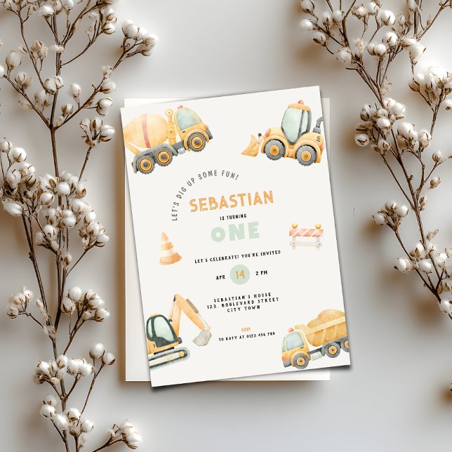 Construction Dump Truck Party Boy First Birthday Invitation (Construction Dump Truck Party Boys First Birthday Invitation)