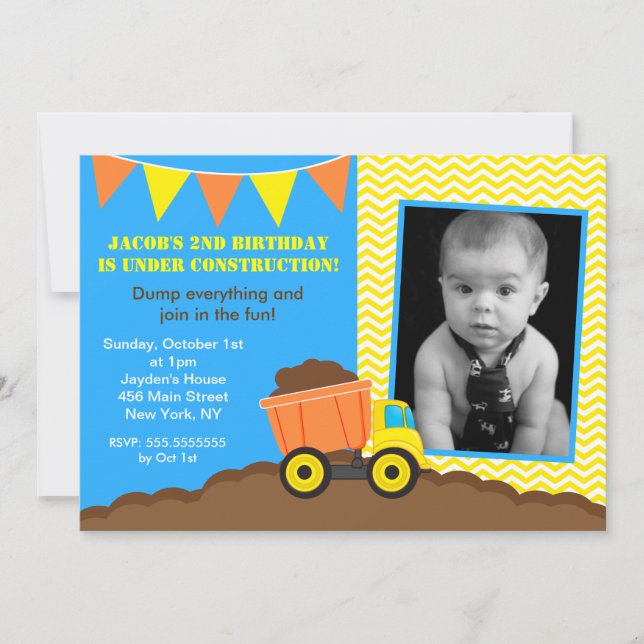 Construction Dump Truck Photo Birthday Invitations (Front)
