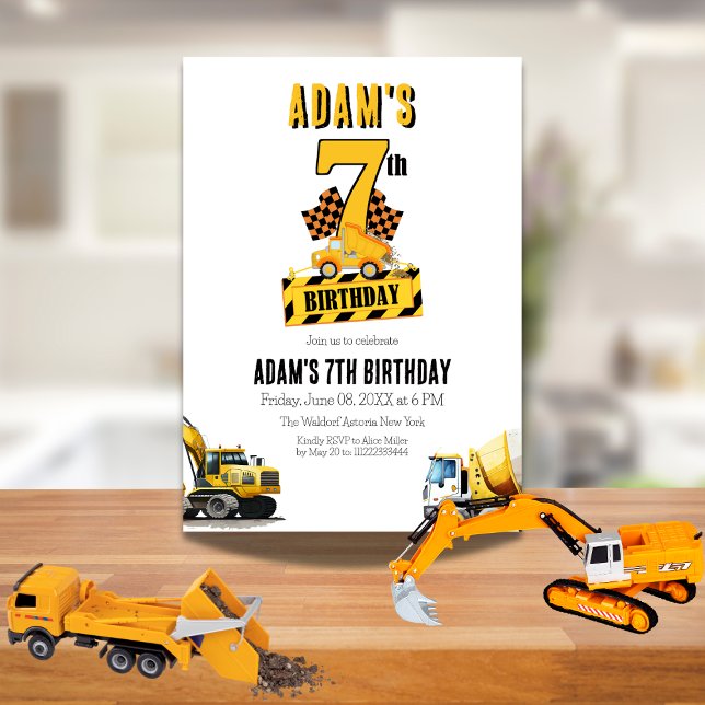 Construction Dump Truck Seventh Birthday Party Invitation (Creator Uploaded)