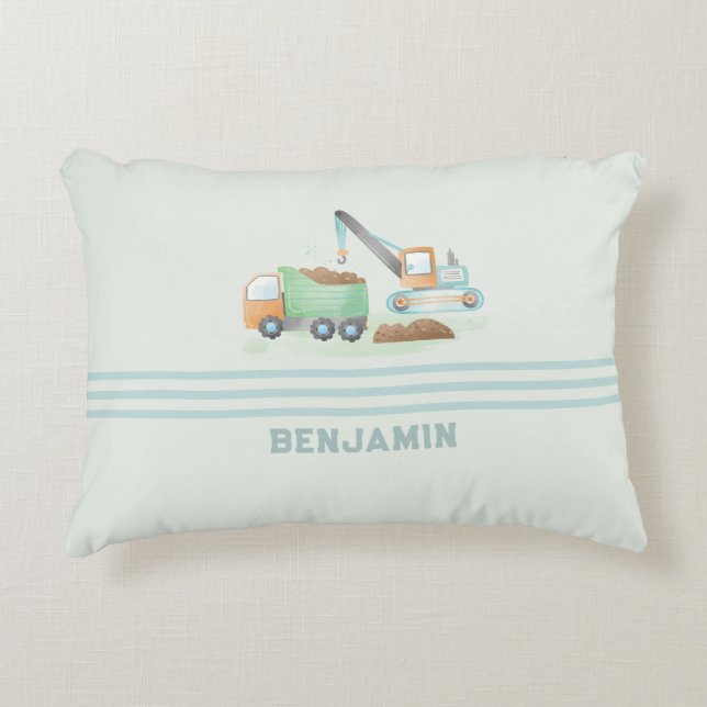 Construction Dump Truck Soft Blue Green Boy Name Decorative Cushion (Front)