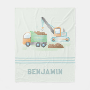 Construction Dump Truck Soft Green Blue Boy Name Fleece Blanket