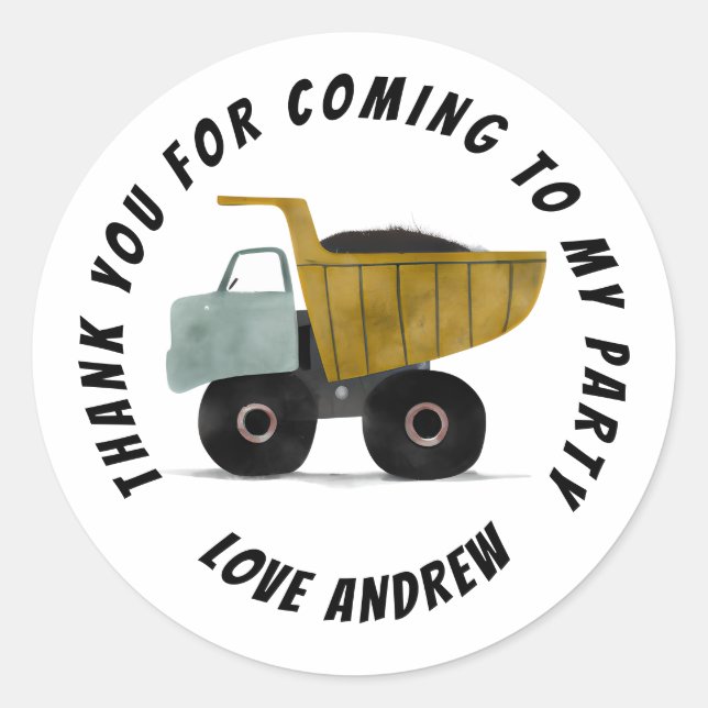 Construction Dump truck Thank You Birthday Favour Classic Round Sticker (Front)
