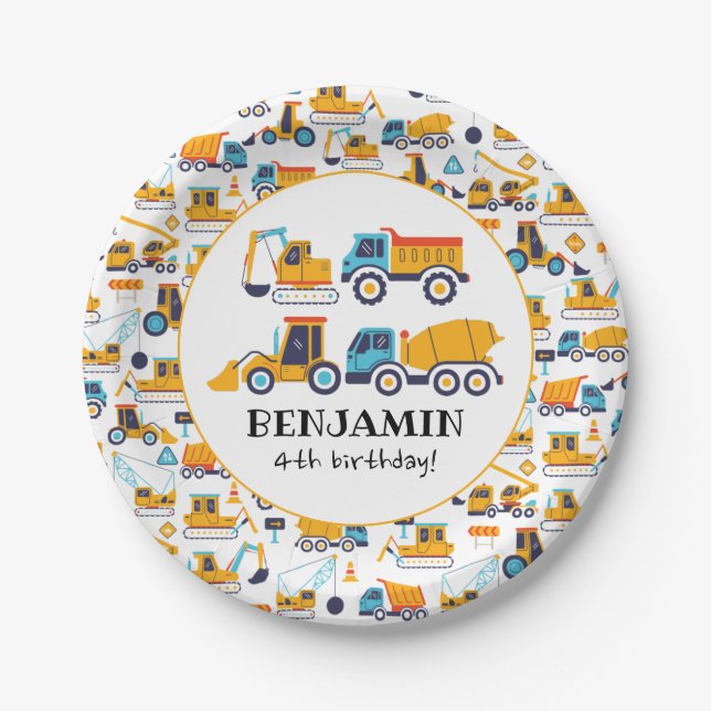 Construction Dump Trucks Vehicles Birthday Party Paper Plate (Front)