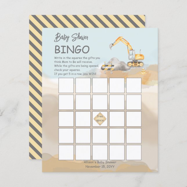 Construction Excavator Boy Baby Shower Bingo Card (Front/Back)