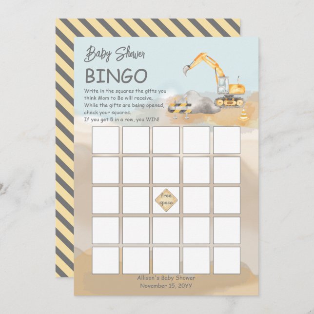 Construction Excavator Boy Baby Shower Bingo  Invitation (Front/Back)