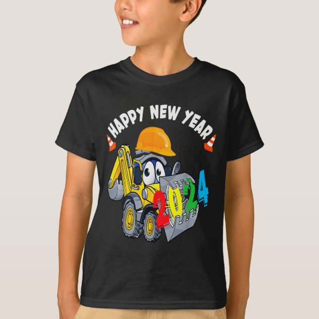 Construction Excavator Happy New Year 2024 For Boy T-Shirt (Front)