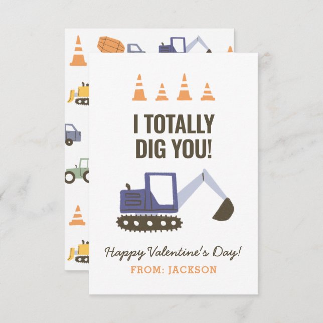Construction Excavator Kids Classroom Valentine Card (Front/Back)