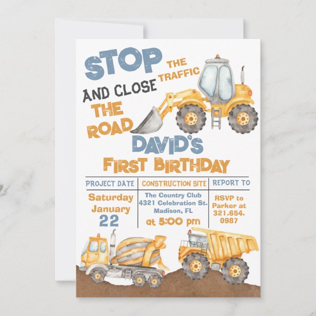 Construction First Birthday Dump Truck Party Invitation (Front)