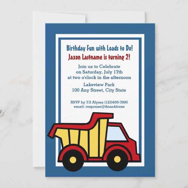 Construction Fun Birthday Dump Truck Invitation (Front)
