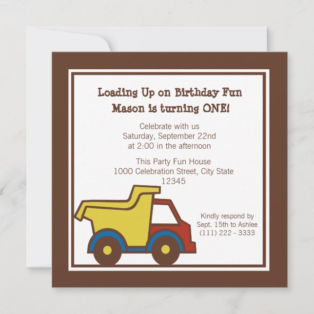 Construction Fun Dump Truck Invitation (Front)