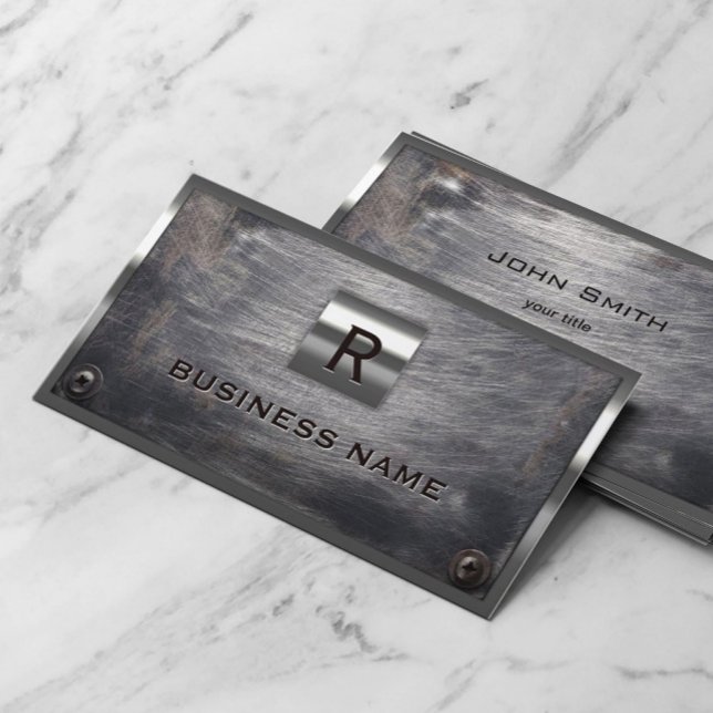Construction Grunge Steel Monogram Metal Framed Business Card (Creator Uploaded)
