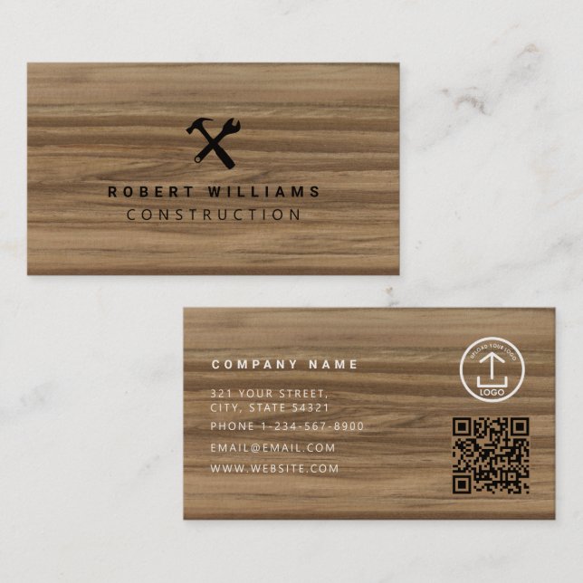 Construction Handyman Tools QR Code Wood Business Card (Front/Back)