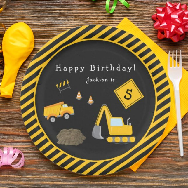 Construction Happy Birthday - Name and Age Boy Paper Plate (Creator Uploaded)