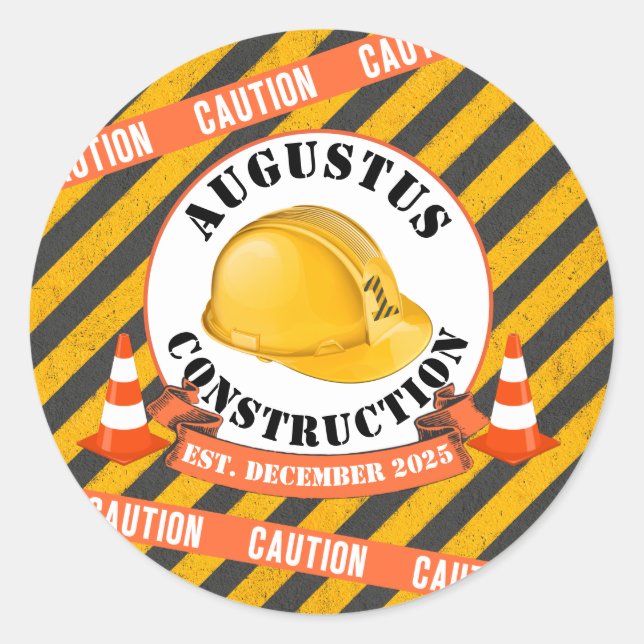 Construction Hard Hat|Black & Yellow 1st Birthday Classic Round Sticker (Front)
