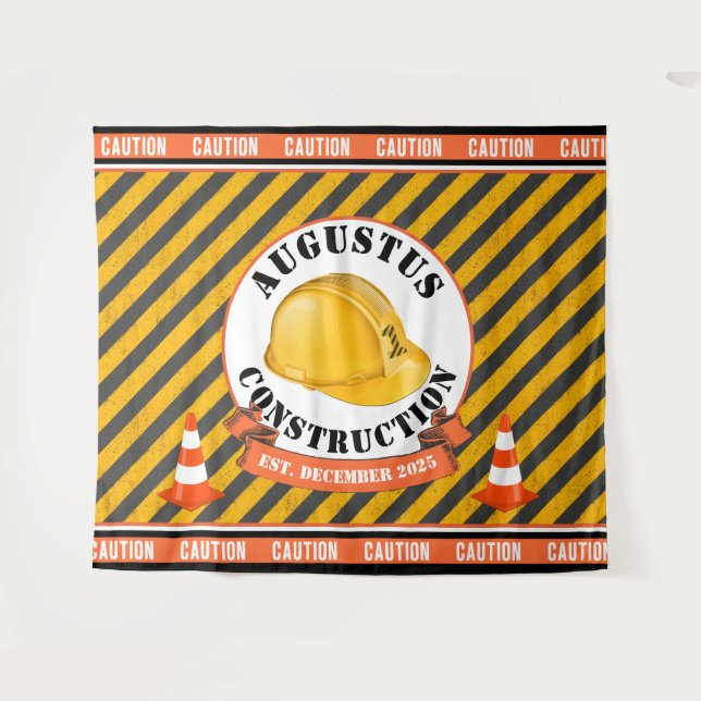 Construction Hard Hat|Black & Yellow 1st Birthday Tapestry (Front (Horizontal))