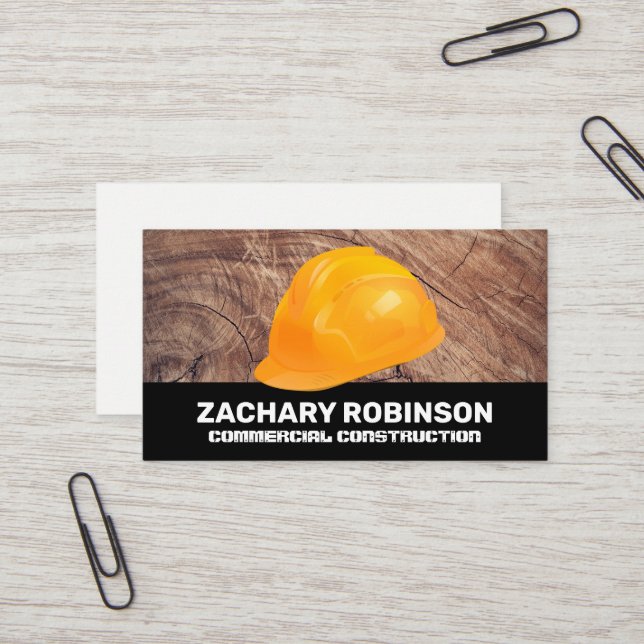 Construction Hard Hat | Wood Grain Business Card (Front/Back In Situ)