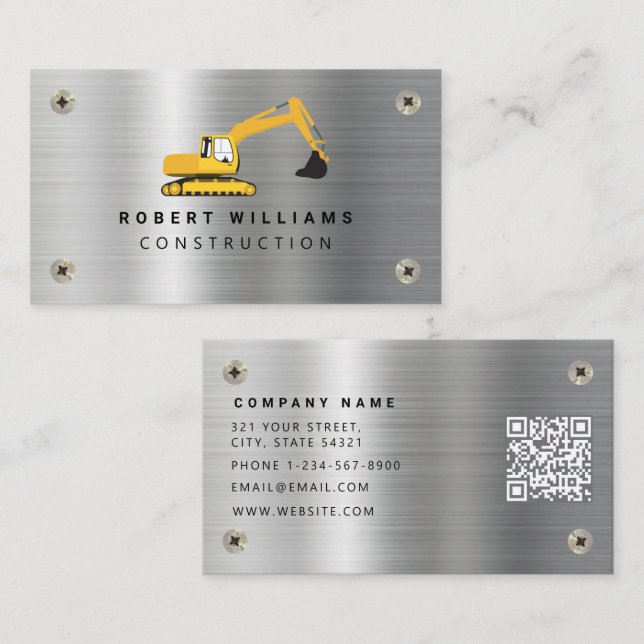 Construction Heavy Equipment Operator Metal Business Card (Front/Back)