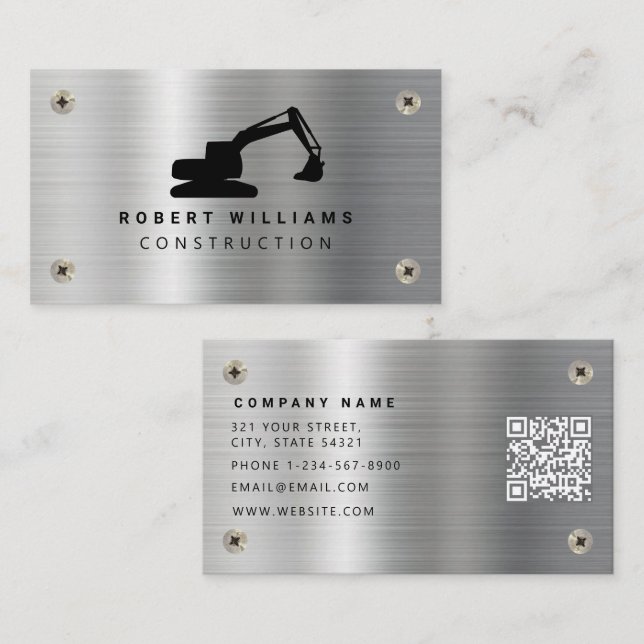 Construction Heavy Equipment Operator Metal Modern Business Card (Front/Back)