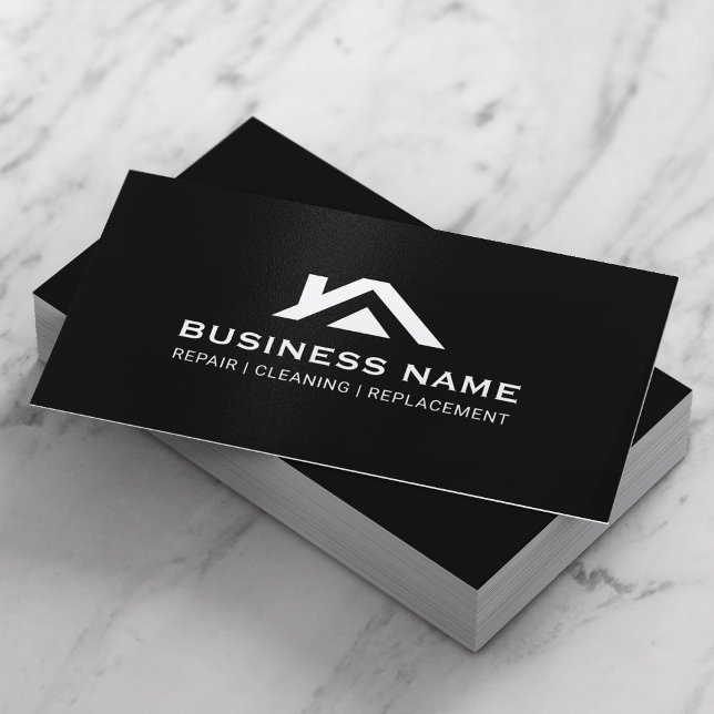 Construction House Roof Logo Real Estate Black Business Card (Creator Uploaded)