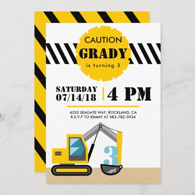 Construction Invitation 3rd Birthday Third Invite (Front/Back)