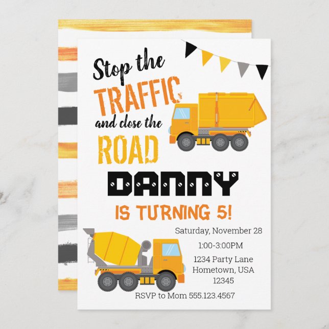 Construction Invitation, Yellow Truck Invitation (Front/Back)