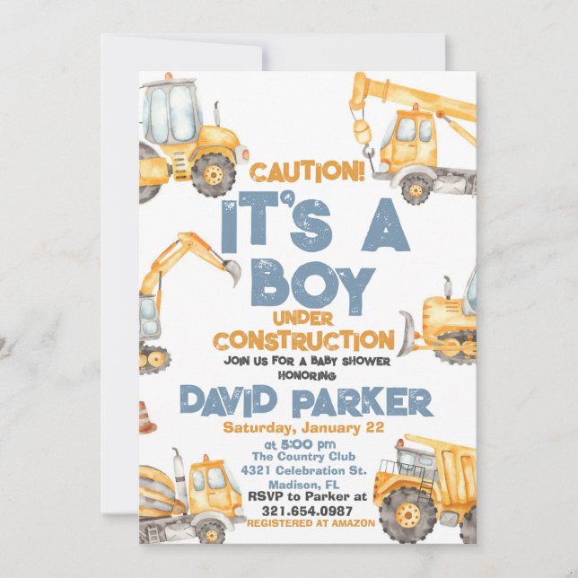 Construction It's a Boy Dump Truck Party Invitation (Front)