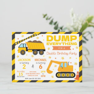 Construction Joint Birthday Invitation Siblings