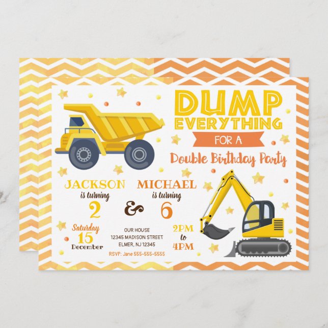 Construction Joint Birthday Invitation Siblings (Front/Back)