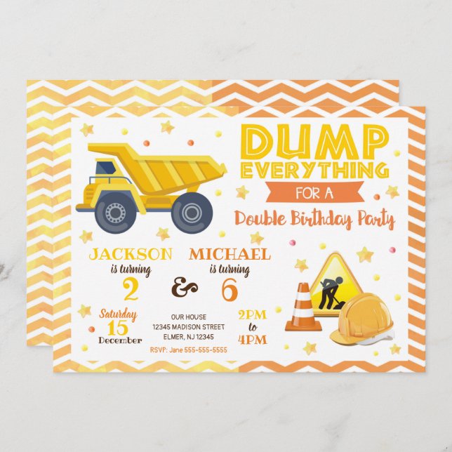 Construction Joint Birthday Invitation Siblings (Front/Back)