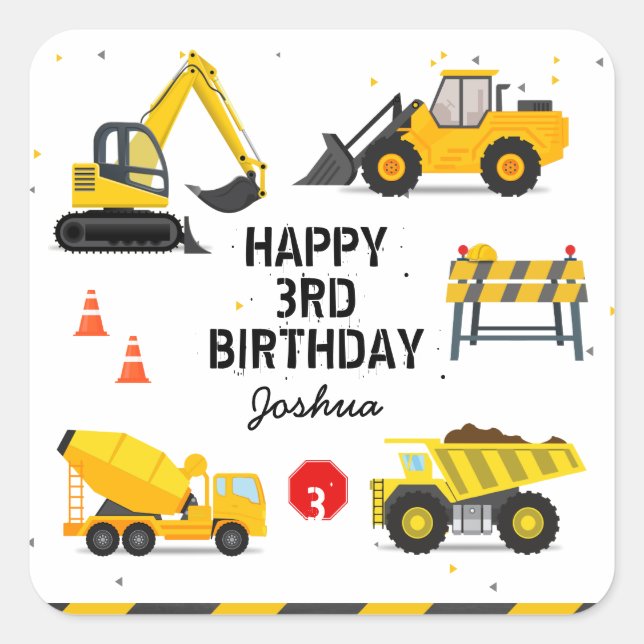 Construction Kids Any Age Birthday Party Square Sticker (Front)