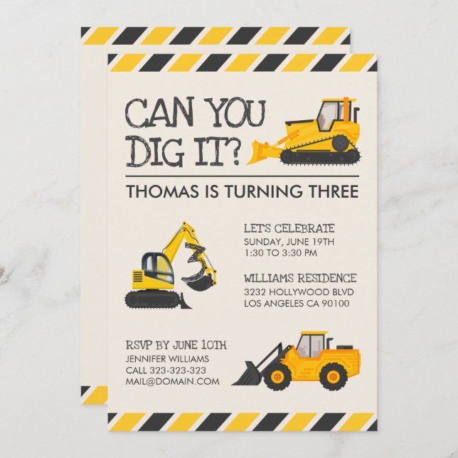 Construction Kids Birthday Party Invitation (Front/Back)