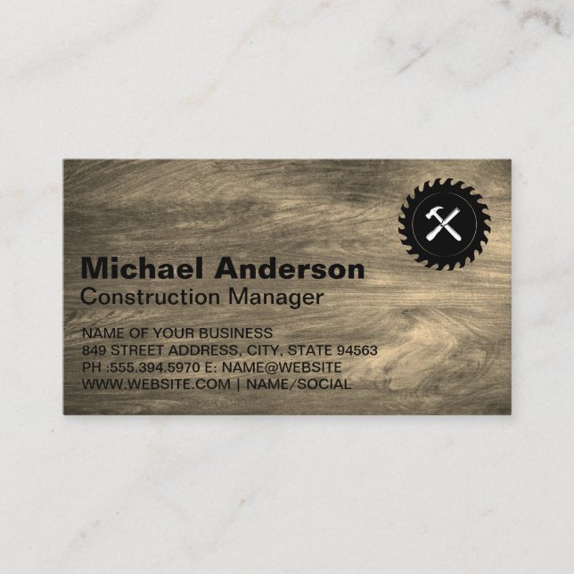 Construction Logo | Wood Background Business Card (Front)