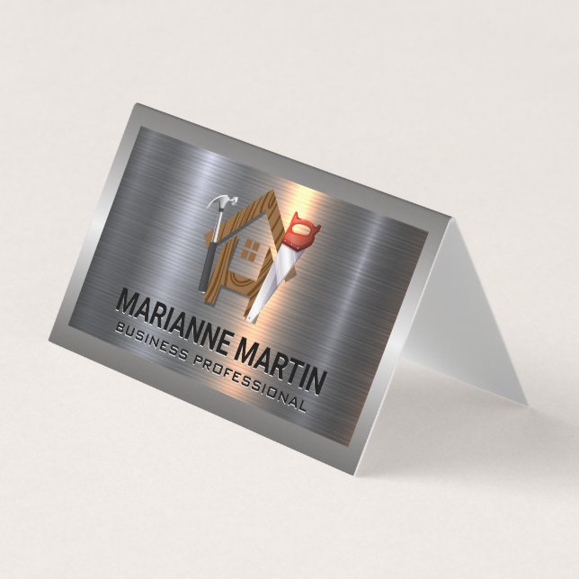 Construction Logo | Wood Home Saw and Hammer Business Card (Front)