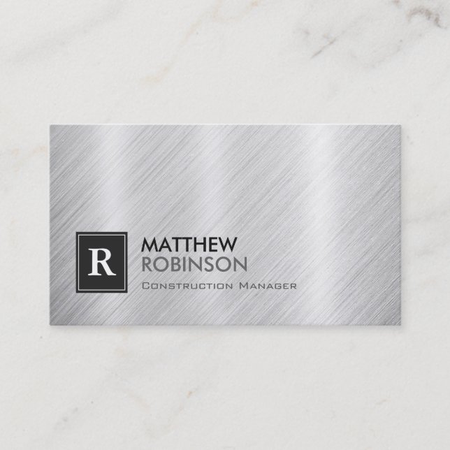 Construction Manager - Brushed Metal Monogram Business Card (Front)