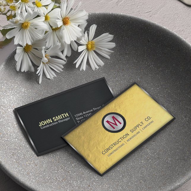 Construction Metal Framed Monogram Faux Gold Foil Business Card (Creator Uploaded)