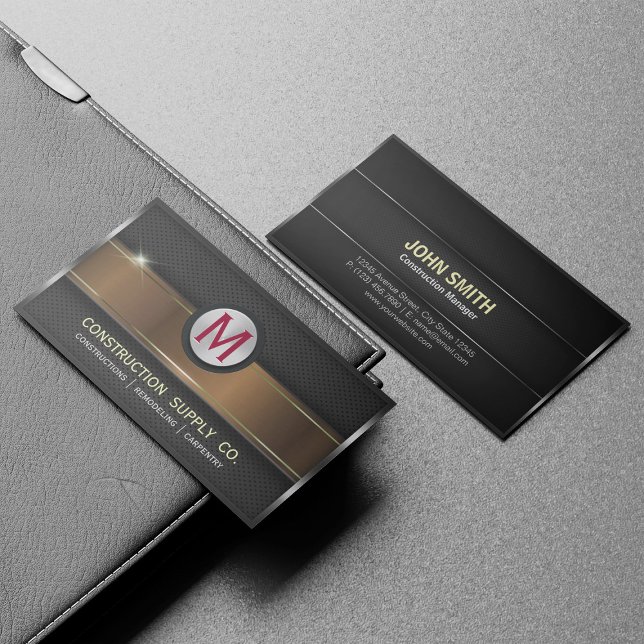 Construction Metal Framed Monogram Golden Stripe Business Card (Creator Uploaded)
