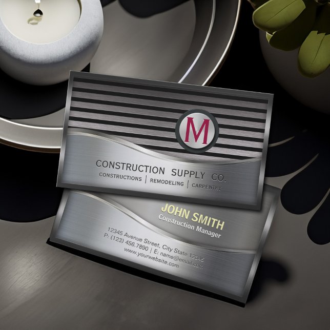 Construction Metal Framed Monogram Silver Metal Business Card (Creator Uploaded)