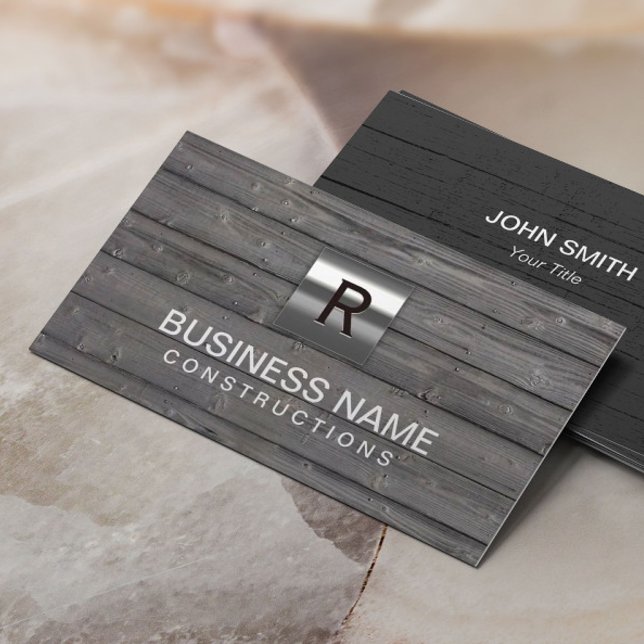 Construction Metal Monogram Wood Professional Business Card (Creator Uploaded)